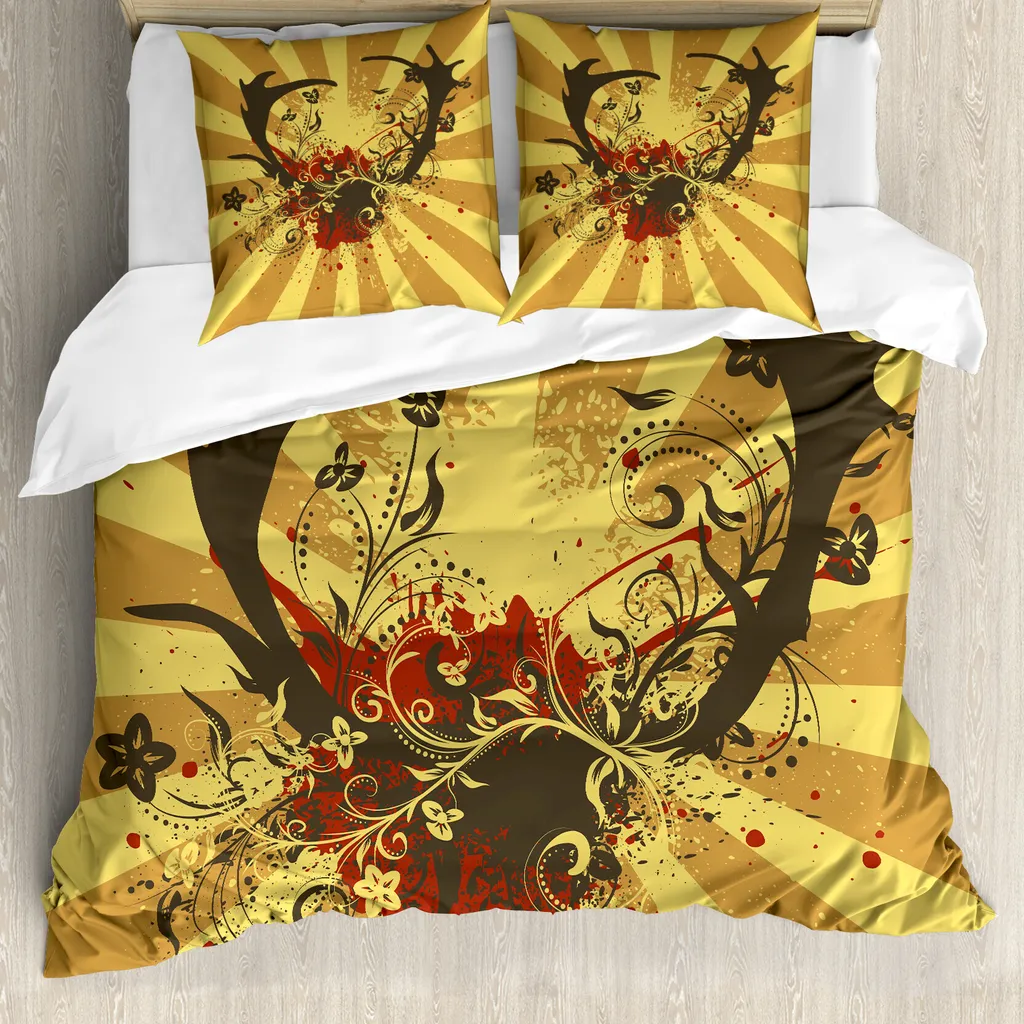 ABAKUHAUS Copripiumino con motivo corna di cervo, arte sporca Antlers, antiacaro, adatto a chi soffre di allergie, con federe, 155 cm x 220 cm - 80 x 80 cm, senape gialla