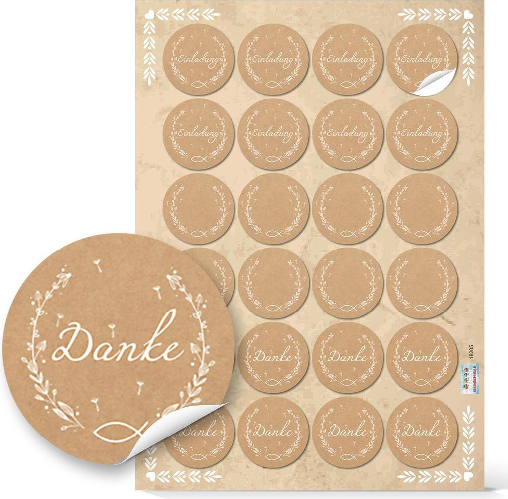 Logbuch-Verlag 24 Aufkleber SET braun weiß EINLADUNG + DANKE + Blanko Sticker Kraftpapier Fisch Motiv - Taufe Kommunion Hochzeit Feier96 Aufkleber...