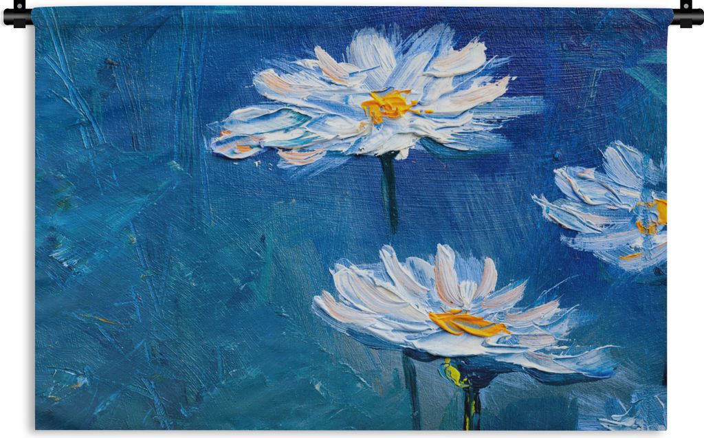 MuchoWow Wandteppich Wandbehang Gemälde - Ölfarbe - Blumen - Blau 120x80 cm Tapisserie Dekoration Wandtuch - Wanddekorationen - Wandtücher