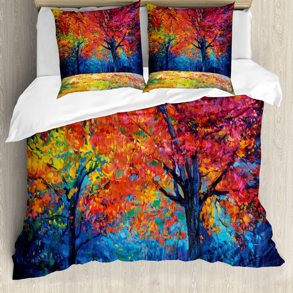 ABAKUHAUS Natur Bettbezugs Set Für Doppelbetten, Bunte Herbstbäume, Milbensicher Allergiker geeignet mit Kissenbezügen, Zinnoberrot Marineblau u...