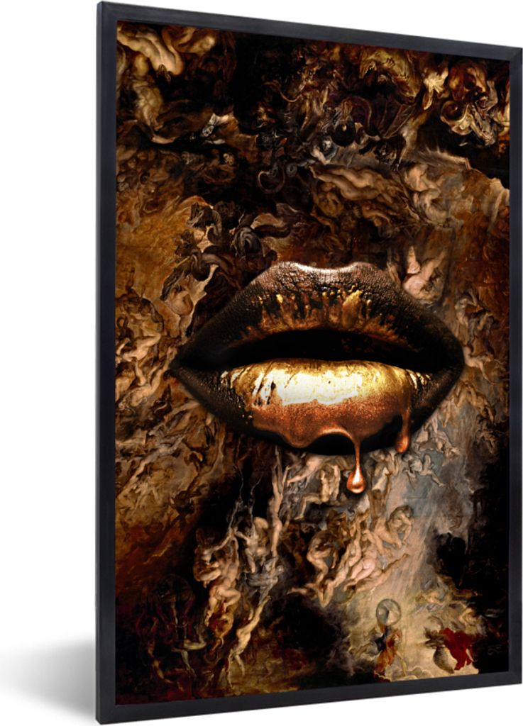 MuchoWow Gerahmtes Poster Gold - Lippen - Luxus 60x90 cm - Poster mit Schwarzem Bilderrahmen Wandposter Rahmen Foto Bilder - Kunst