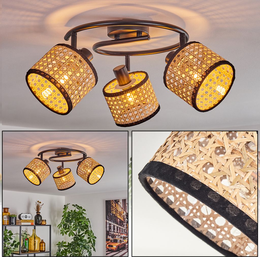 Casalina moderne Deckenlampe aus Metall/Rattan/Wiener Geflecht in Schwarz/Natur
