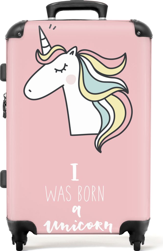 NoBoringSuitcases.com Großer Koffer - Zitat - Mädchen - Einhorn - Rosa - Ich wurde als Einhorn geboren - Kombinationsschloss TSA - Hartschalen ...