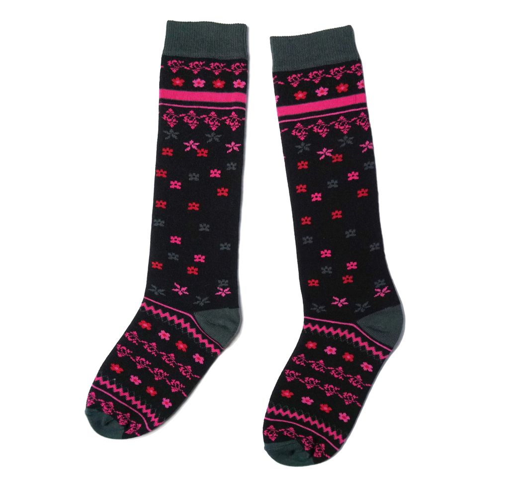 Kinder Kniestrümpfe für Mädchen aus Baumwolle Blumen Schwarz-Pink Größe 31-34