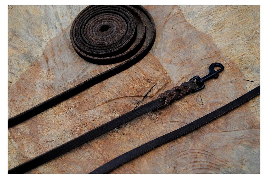 Petite Lederleine geflochten Antik-Leder 10mm x 7m ohne Schlaufe schwarzer Karabiner Schleppleine Fährtenleine