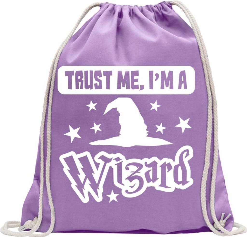 Kiwistar - Turnbeutel - lavendel - Trust me, im a Wizard - Fun Rucksack Sport Beutel Gymsack Baumwolle mit Ziehgurt