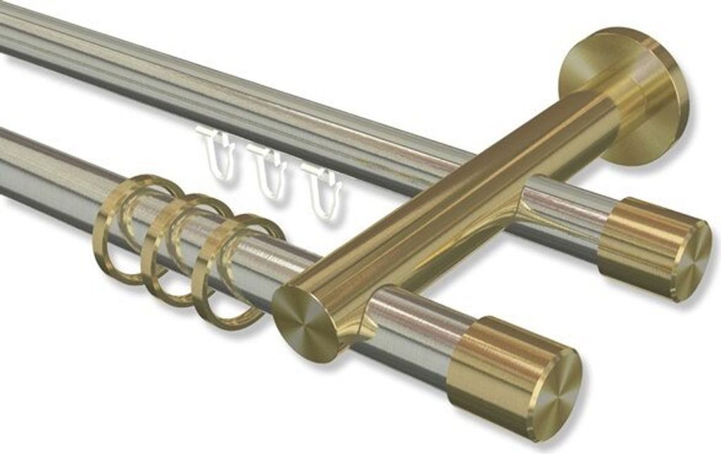 Interdeco Rundrohr-Innenlaufstange, Gardinenstange (Kombination) Edelstahl-Optik / Messing-Optik Modell Platon Santo, 20 mm Ø 2-läufig, 240 cm