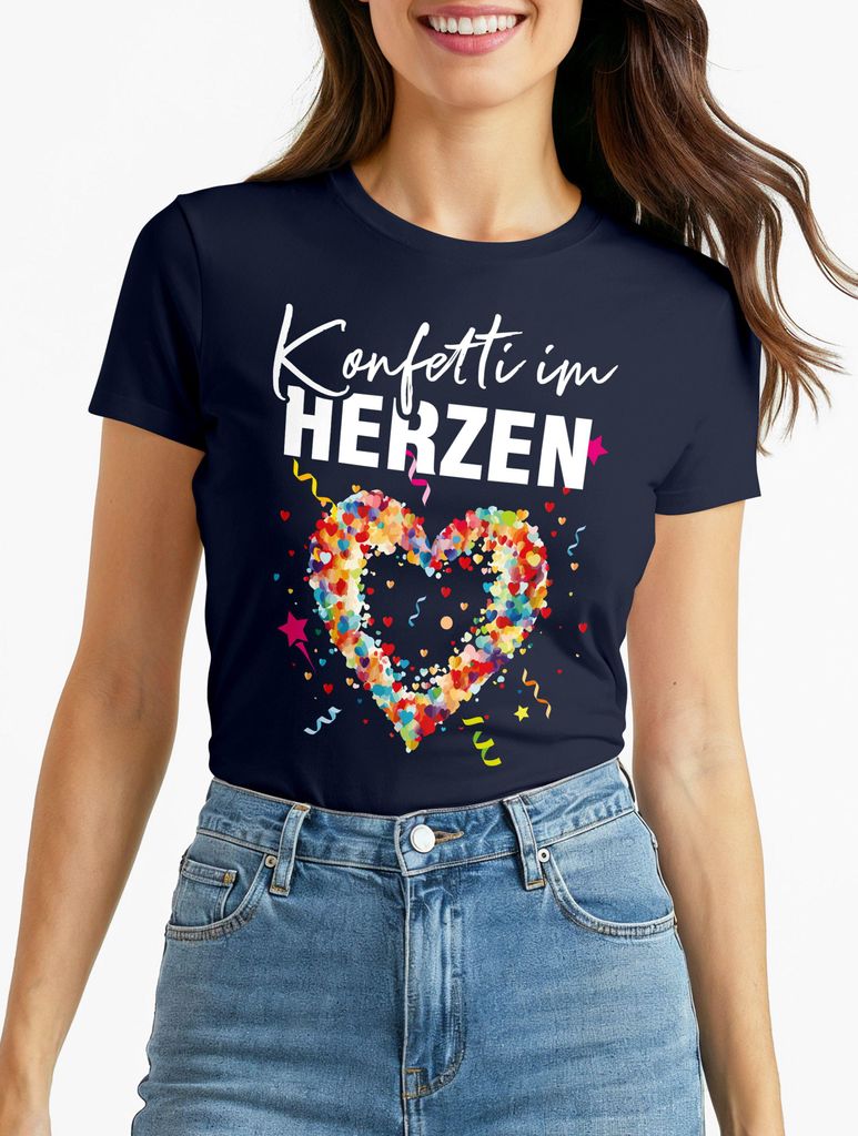 Damen T-Shirt Fasching Karneval Konfetti im Herzen Kostüm-Ersatz Verkleidung Funshirt Frauen Moonworks