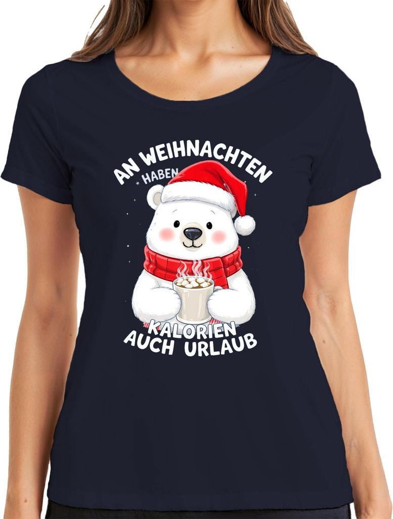 Weihnachten Eisbär Kalorien Urlaub Kakao lustig Geschenk Damen T-Shirt, Navy, S