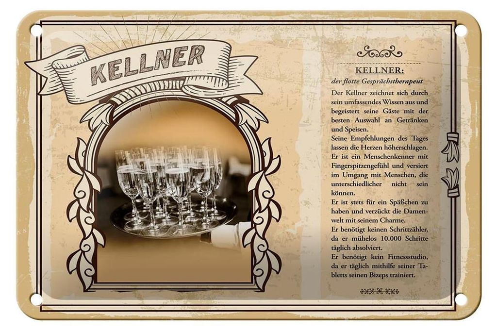 Blechschild Berufe 18x12cm Kellner Getränke Speisen Service Schild