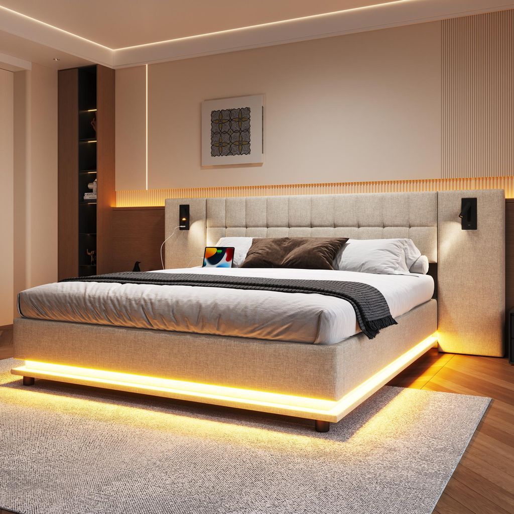 Merax Polsterbett 180x200, Doppelbett mit LED-Leiste, Kopfteil mit Leselicht & USB-Anschluss, Lattenrost, Leinenstoff, Flachbett, Beige