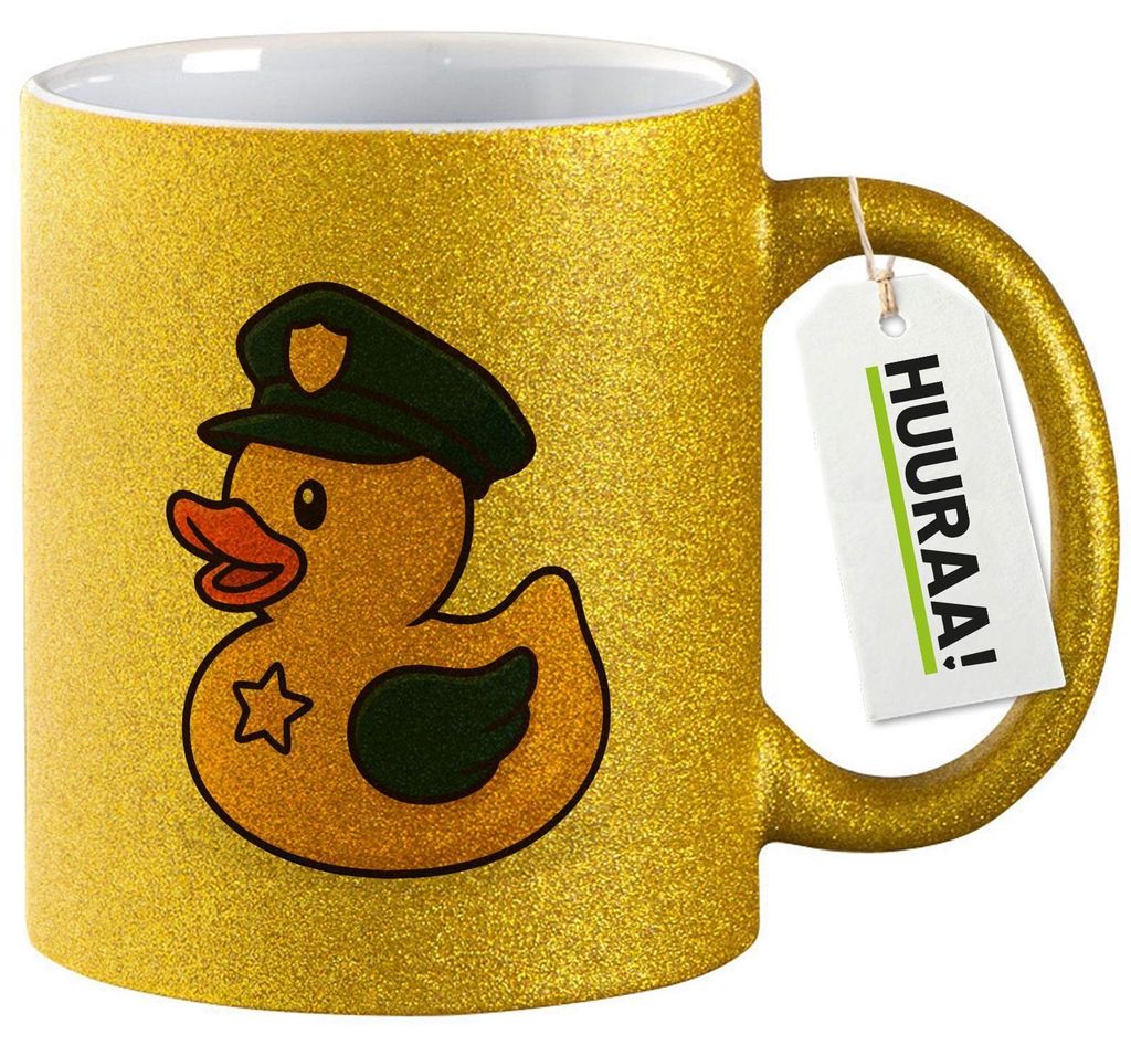 Huuraa Glitzertasse Quietscheente Polizei Comic Gummiente 330ml Gold Keramik Kaffeebecher Geschenkidee