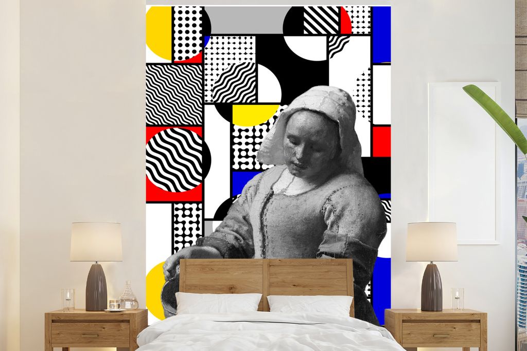 MuchoWow Fototapete für Wohnzimmer oder Schlafzimmer Wandtapete Vinyl Motivtapete Collage - Mondrian - Milchmädchen - 195x300 cm - Das Hintergr...