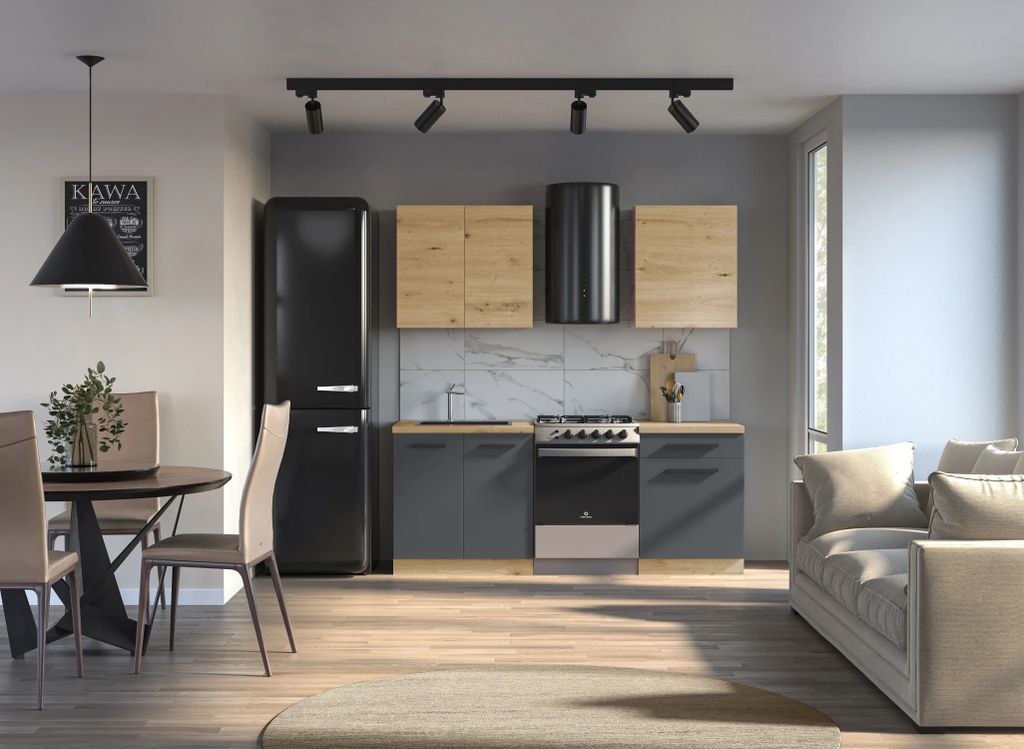 Küchenzeile 140 cm ohne Arbeitsplatte Küchenblock Einbauküche, Langen K14-M140 Artisan/Grau