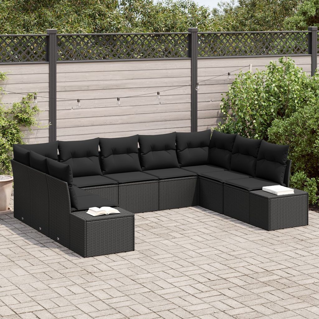 ZMH 9-teiliges Garten Sofa Set mit Kissen in schwarzem Poly Rattan