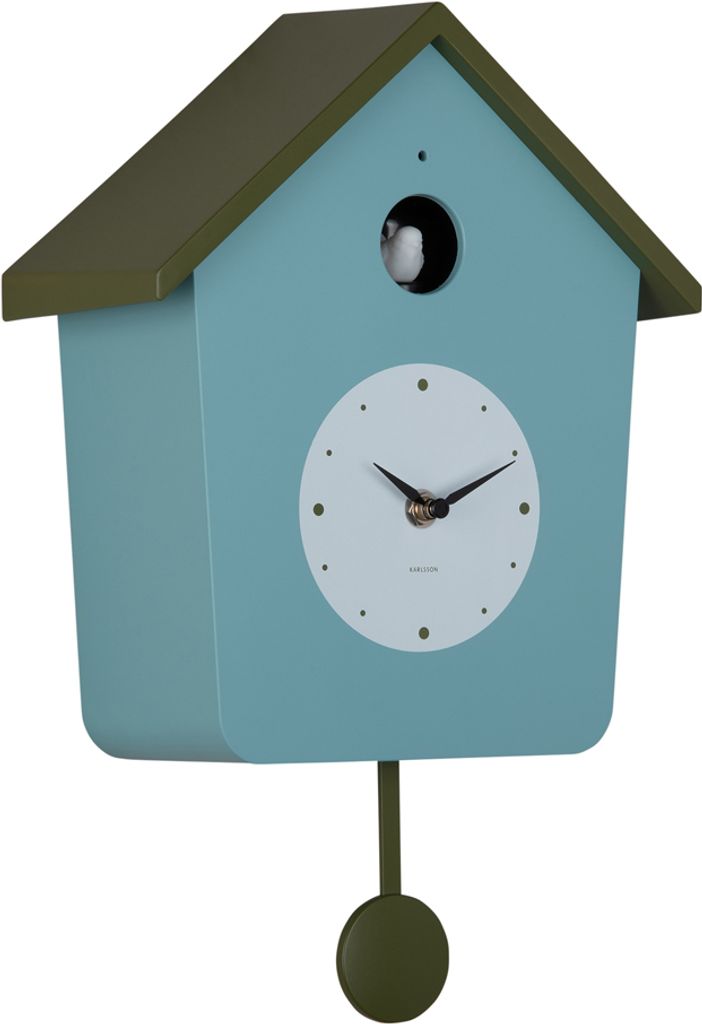A cuckoo clock with a blue house and green roof and pendulum, against a white background.