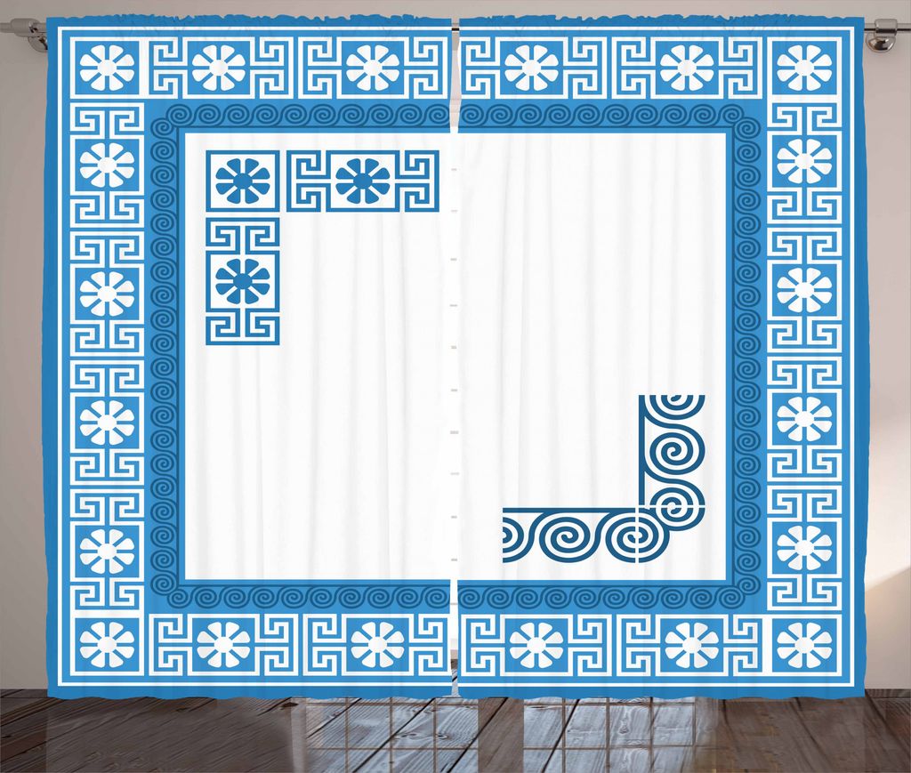 ABAKUHAUS Greek Key Rustikaler Gardine, Vintage Blumen Fret, Schlafzimmer Kräuselband Vorhang mit Schlaufen und Haken, 280 x 175 cm, Blau Weiss