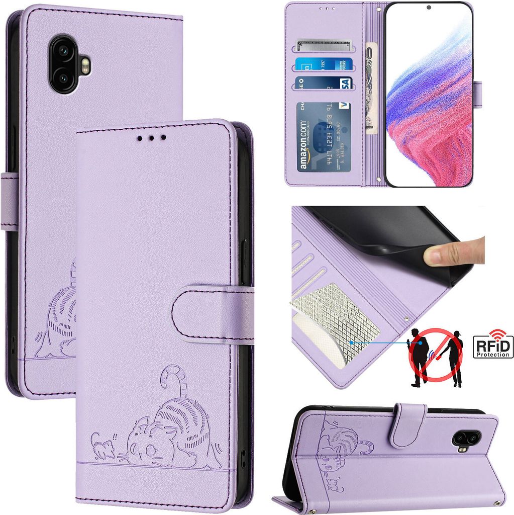 Leder Hülle für Samsung Galaxy Xcover6 Pro Süße Katze Flip Case Brieftasche Schutzhülle mit Standfunktion Lila
