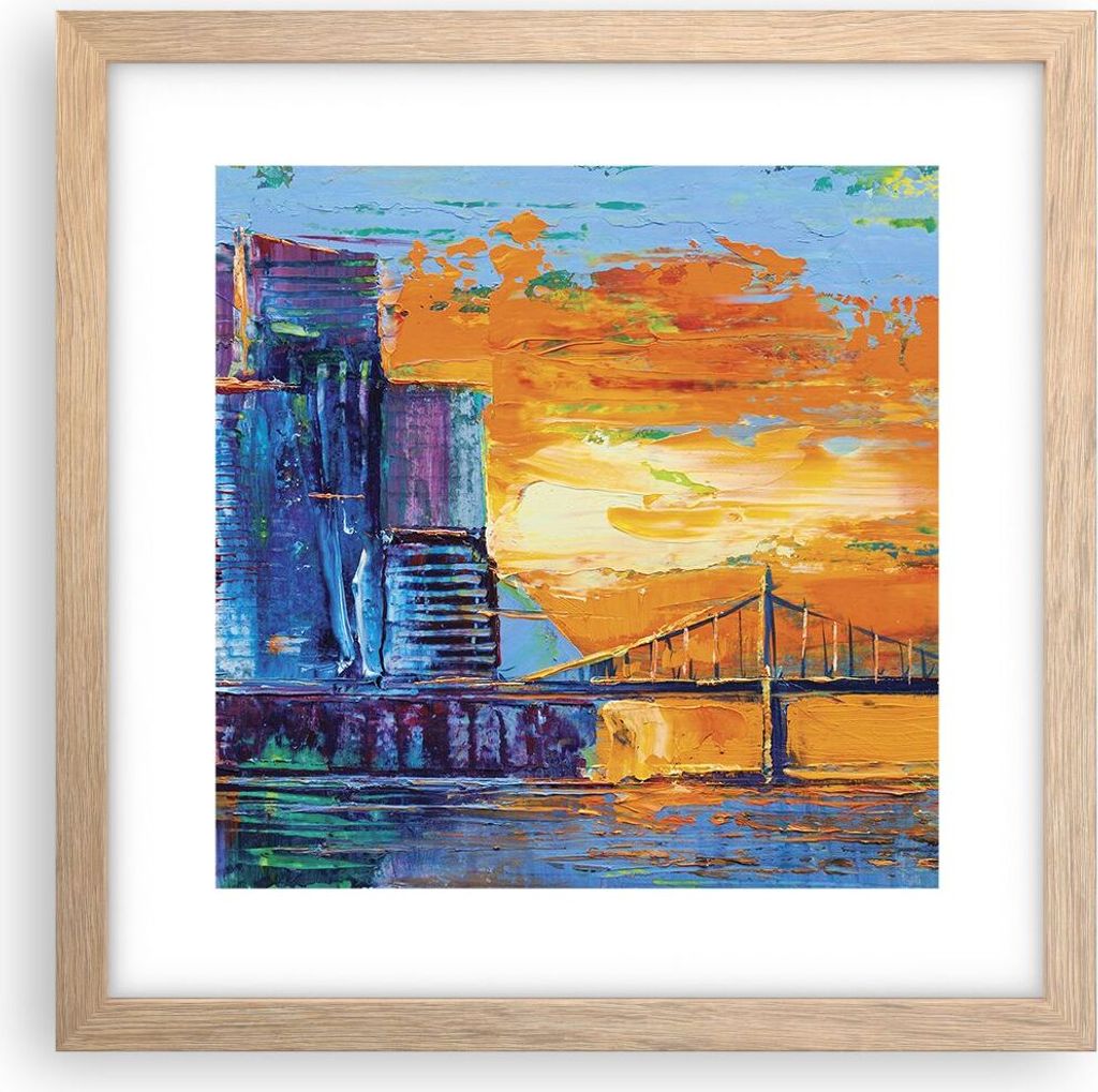 Gerahmtes Poster - Rahmen in heller Eiche - Stadt Brücke pastos - 30x30 cm - Wand Bild - Wanddeko - Wandbilder - Kunstposter - Wandposter - Bilder...