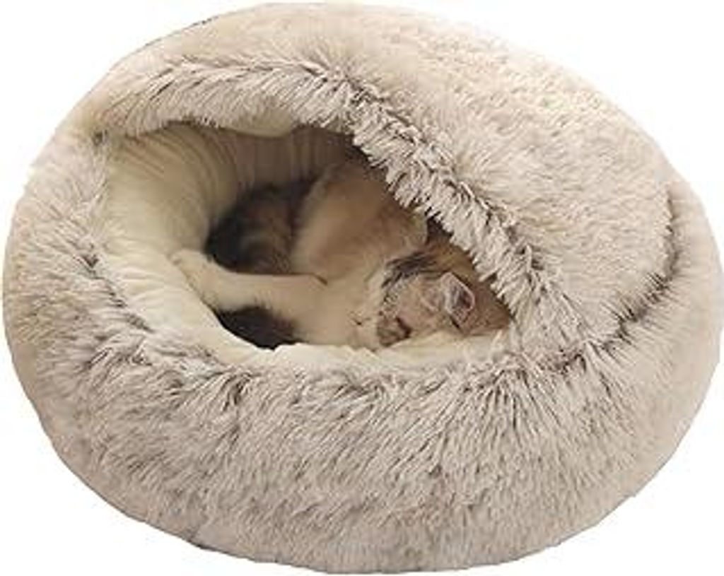 Flauschiges Katzenbett, rund, weiches Plüsch, Höhle mit Kapuze, Katzenbett, für den Winter, warm, Schlafkissen, rutschfest, maschinenwaschbar, f...
