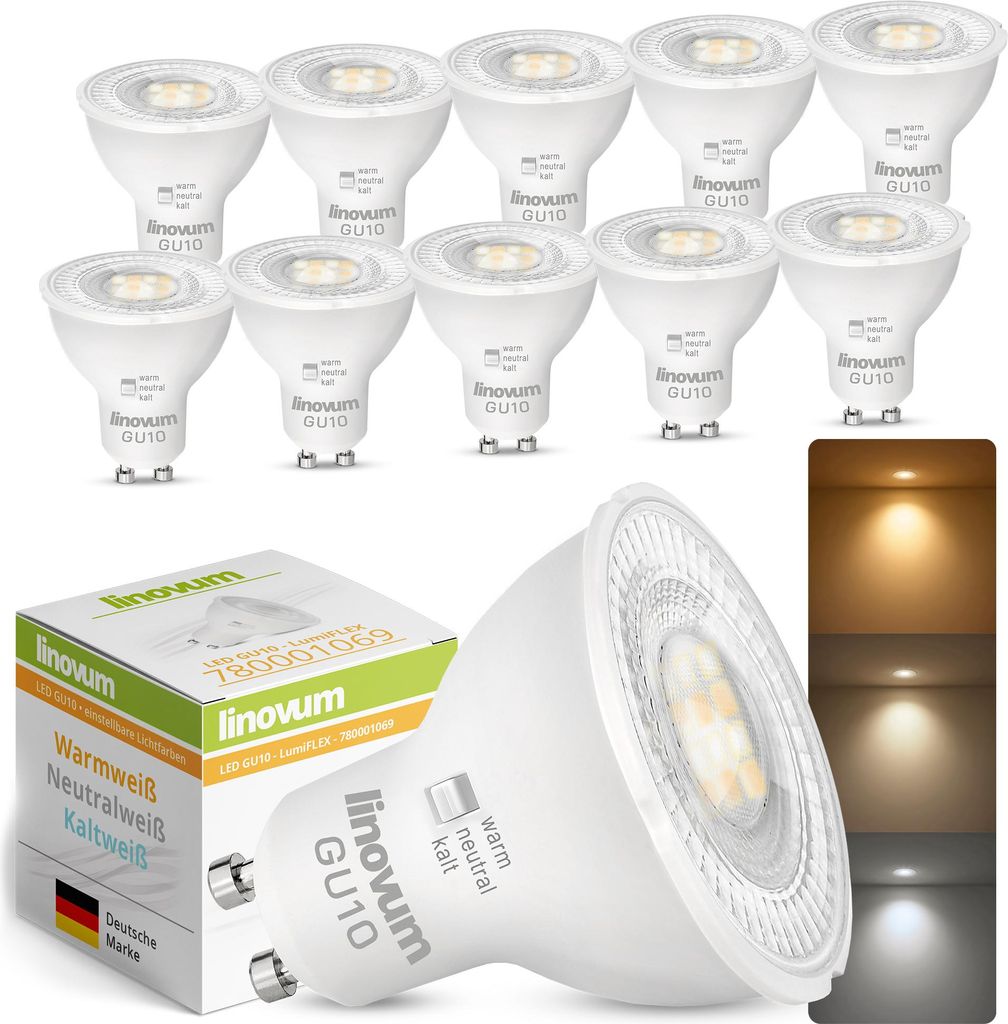 linovum 10x LumiFLEX LED GU10 Spots Warmweiß Neutralweiß Kaltweiß - Lampen Birne Leuchtmittel 3W mit einstellbaren Weißtönen CCT