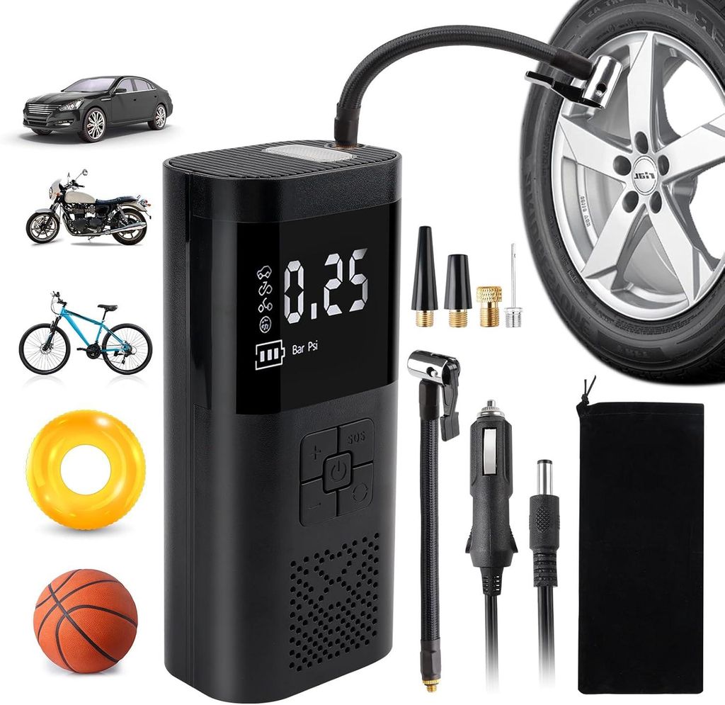 LCD Elektrische Akku Luftpumpe mit 6000mAh Akku Auto Fahrrad Reifen Druckluft Kompressor