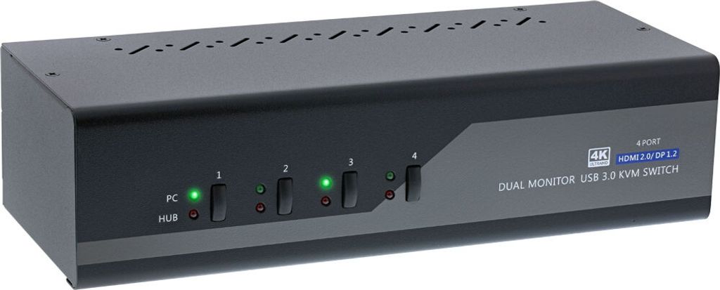 InLine KVM Desktop Switch, 4-fach, Dual Monitor, DP + HDMI, 4K, USB 3.0, Audio