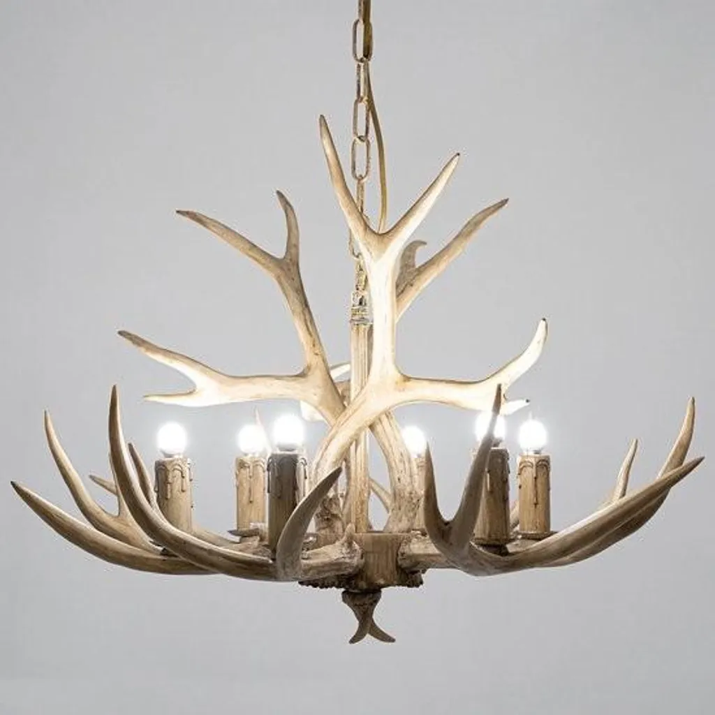 Lustre Roxana® en Bois et Résine Marron, Suspension 6 Lampes 76x53 cm