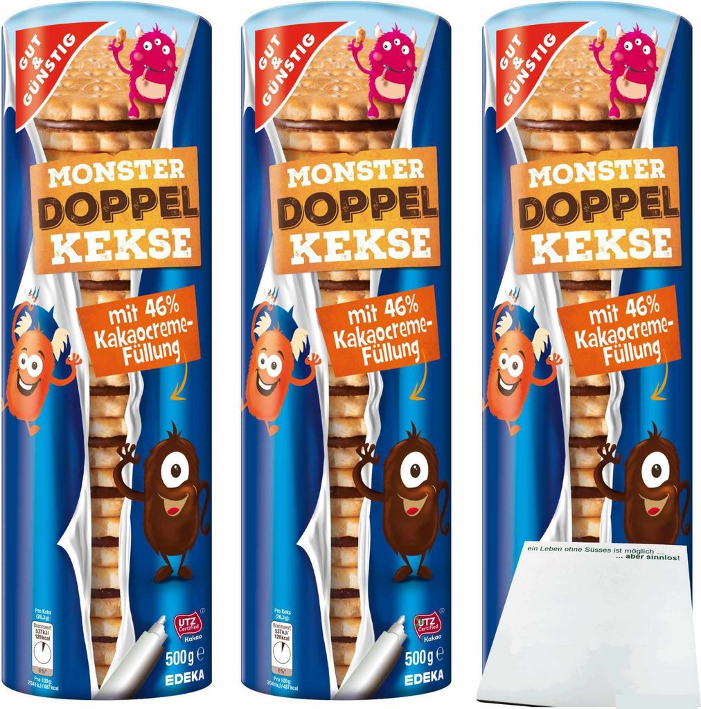 Gut & Günstig Doppelkekse mit Kakaocremefüllung 3er Pack (3x500g Packung) + usy Block