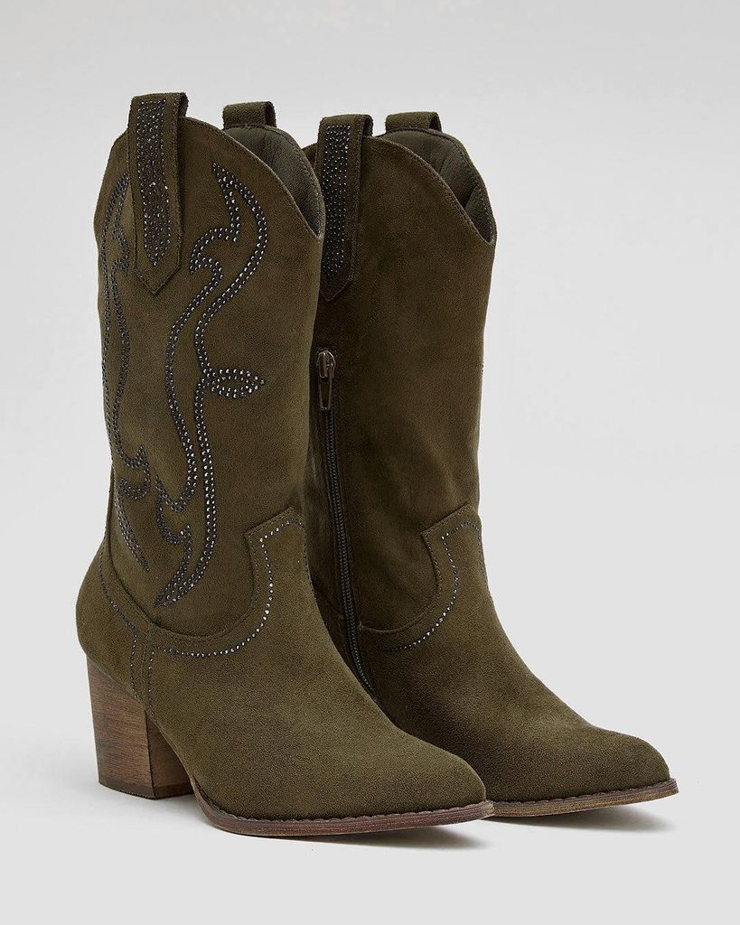 Cowboylaarzen Army Groen Suedine Strass Produktbild 