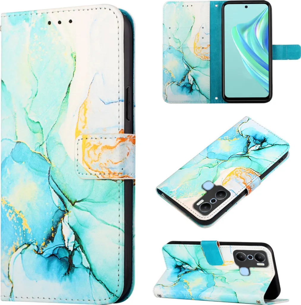 Custodia Infinix Hot 20 Play, Custodia in Finto cuoio con motivo a marmi, slot per carte di credito e funzione stand per Infinix Hot 20 Play Turchese