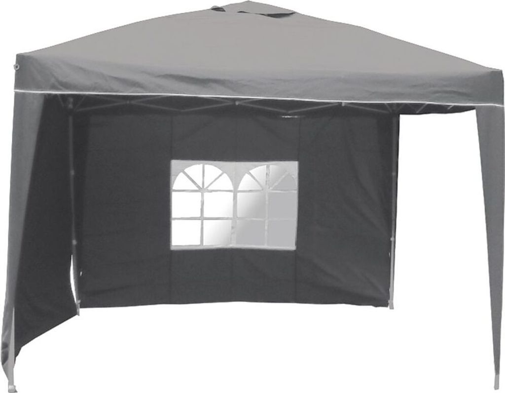 A gray pop-up gazebo with a window on the side.