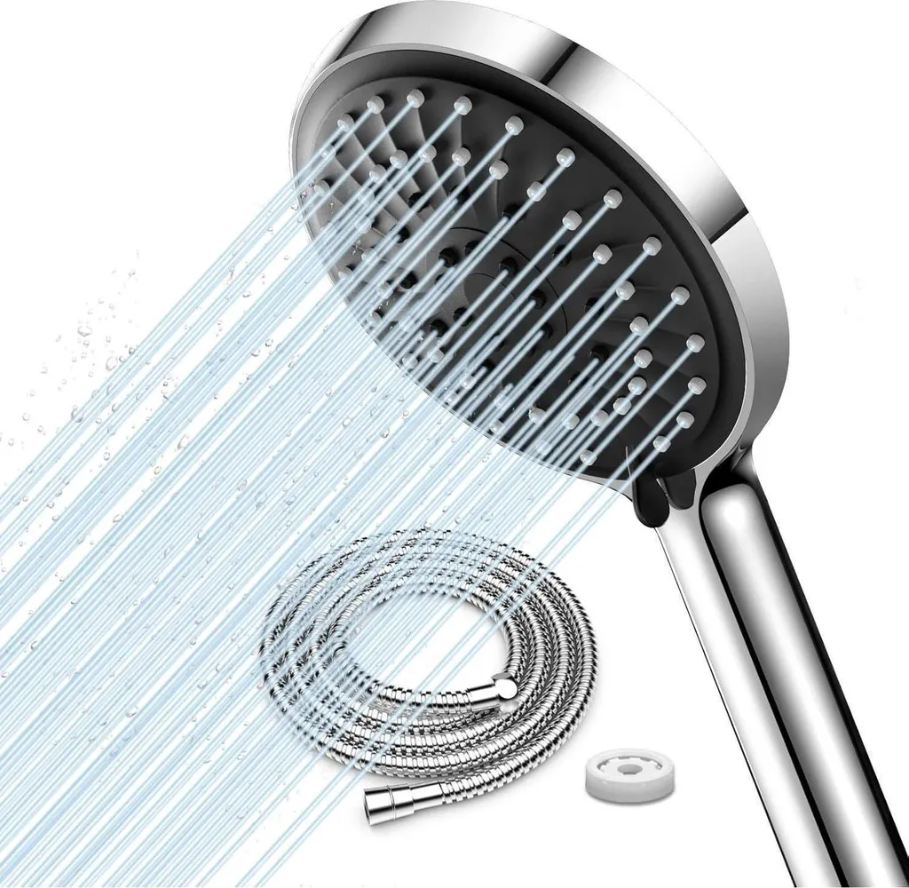 Soffione cromato con tubo flessibile in acciaio inox e salva-acqua