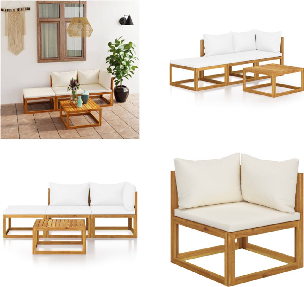 vidaXL 4 tlg. Garten Lounge Set mit Auflagen Creme Massivholz Akazie - Garten-Lounge-Set - Garten-Lounge-Sets - Modulares Sofa-Set - Modulare Sofa-...