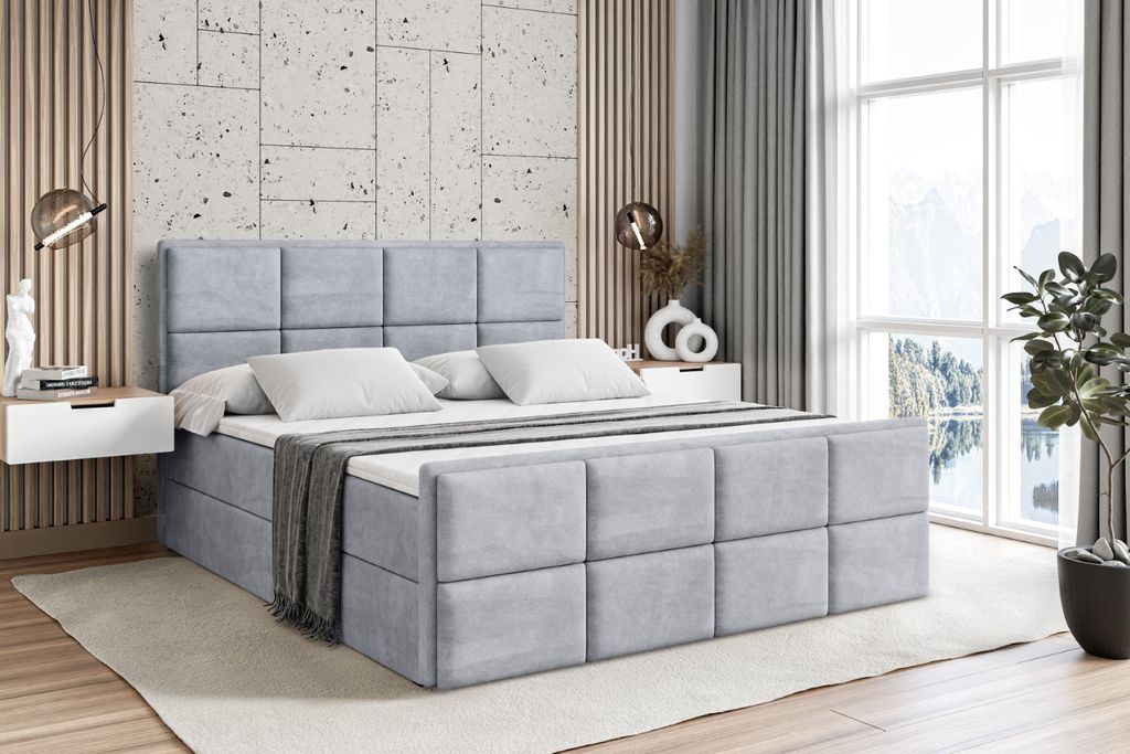 ALTDECOR Boxspringbett mit Fußteil, H3 Matratze und Topper - 180x200 cm - NOVA-Z - Hellgrau Samt - Polsterbett mit Bettkasten und Lattenrost, Bett...