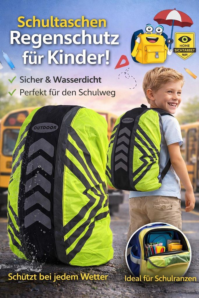 Rucksack und Schulranzen Regenhülle 100% wasserdicht – Reflektierend & gut sichtbar – Ideal für Fahrrad, Wandern & Schule – gelb Größe S