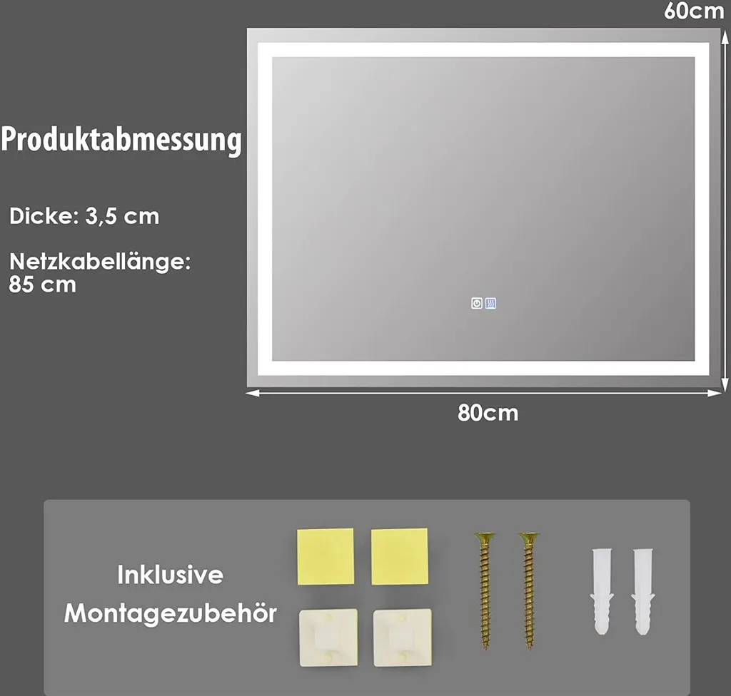 Miroir Mural LED 3000K-6000K Réglable avec Dégivrage Automatique 80cm - 6