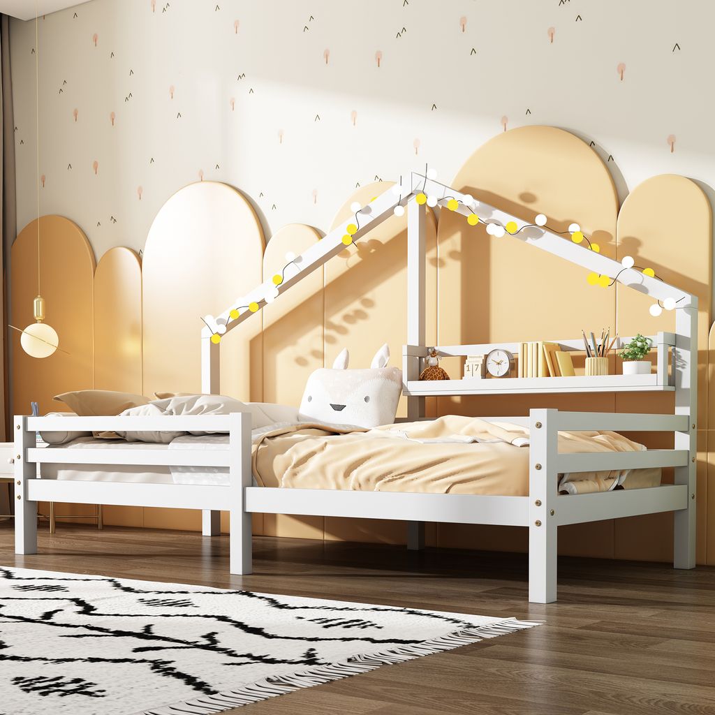 MODFU Kinderbetten Hausbett 90x200 cm Einzelbett mit Ablageregal Kaminform Kiefernholz Weiß(Ohne Matratze)