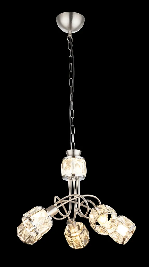Globo Lighting lampada a sospensione in metallo nichel opaco, metallo, cristalli di vetro trasparente, cavo PVC nero, 1 spot con LED incluso, ø: 400mm, H: 1300mm, escl. 5x E14 40W 230V, incl. LED 5W 230V, sorgente 367lm, potenza 305lm, 3000K - 2