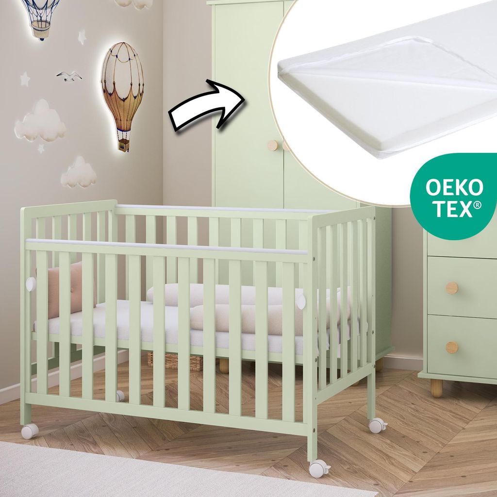 ZEE BAMBI Mint Beistellbett Baby mit Matratze & Rollen 120x60 cm Tragbar Babybett Verstellbarer Stubenwagen Kinder Bett 3-fach Höhenverstellbar