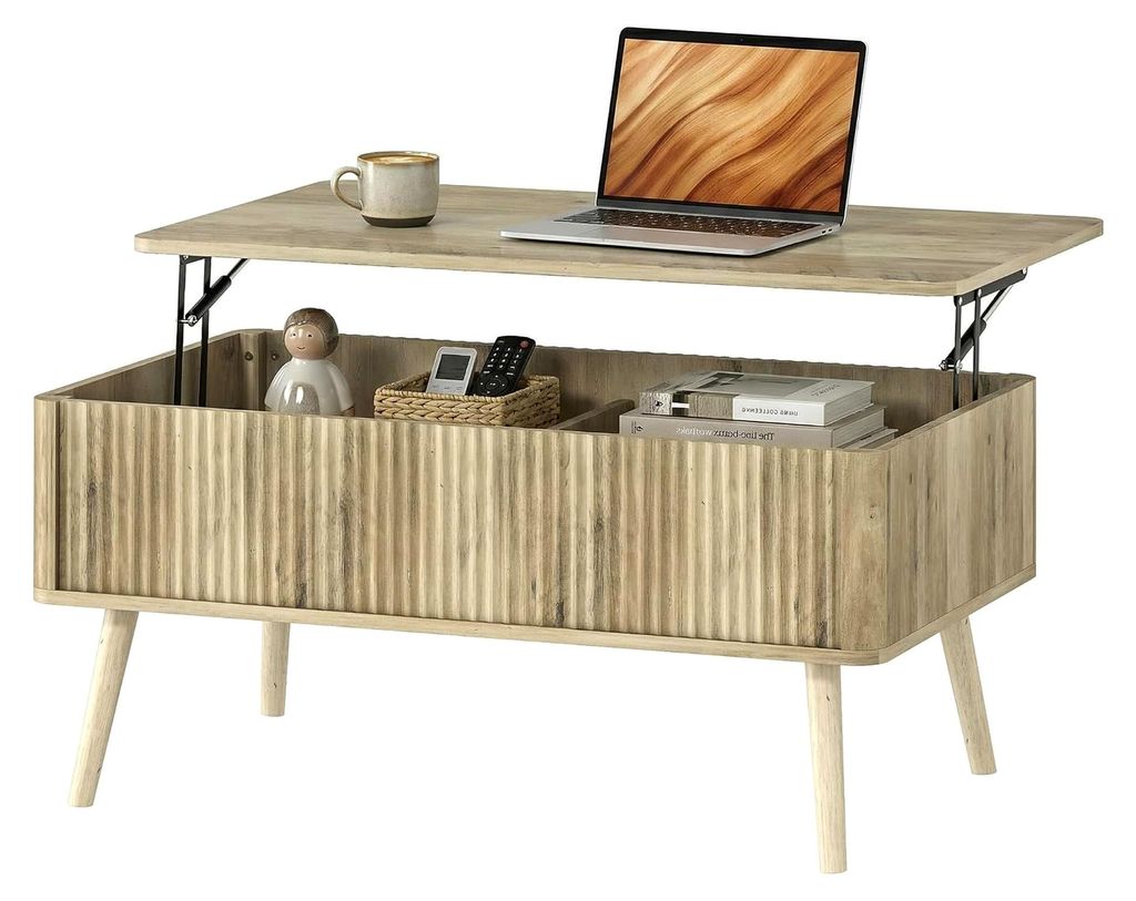 Aufklappbarer Couchtisch mit 2 versteckten Fächern und Kiefernholzbeinen, moderner Stil für Wohnzimmer und Büro, 91 x 56 x 43 cm, Eiche