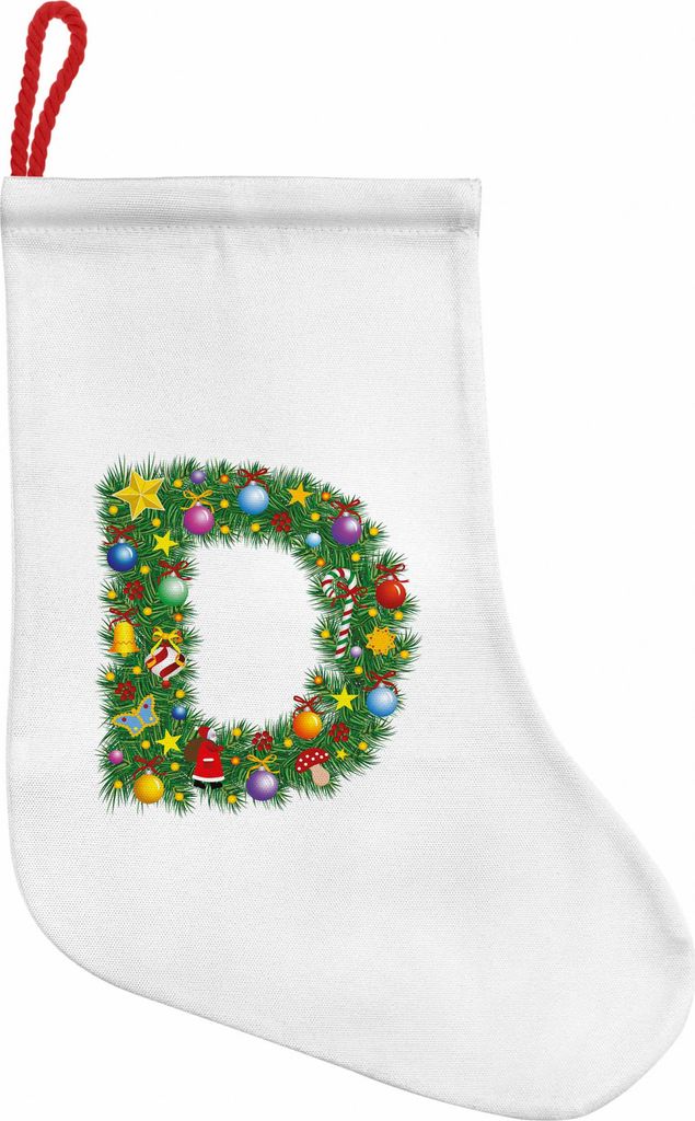 ABAKUHAUS Buchstabe D Hängende Nikolausstiefel Weihnachtssocken, Happy Christmas Pine, Weihnachtsstrumpf zum Aufhängen, 25x35cm, Mehrfarbig