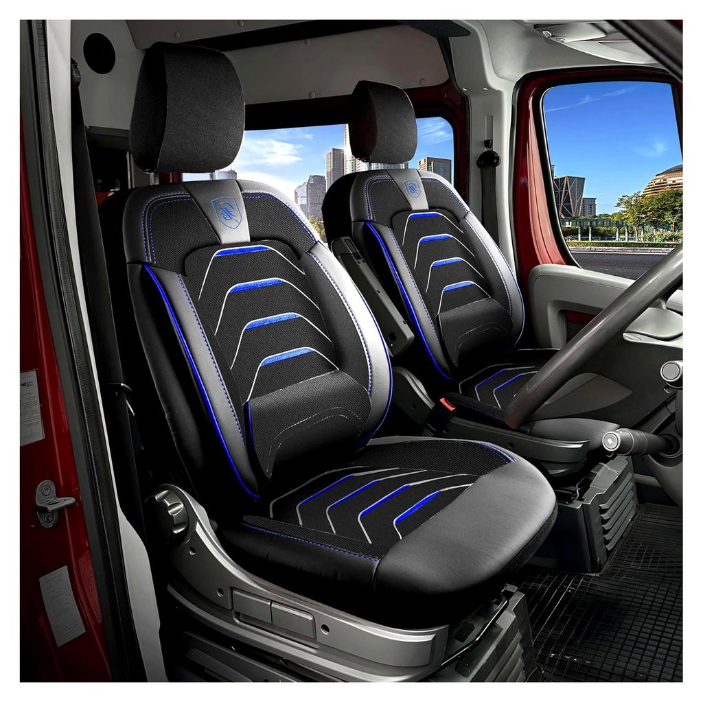 Autositzbezüge Universal 1+1 Transit Custom (2015-2023) - Premium Vordersitze Auto Sitzbezug aus Leinen, Schwarz-Blau, Autoschonbezug Vordersitz-S...