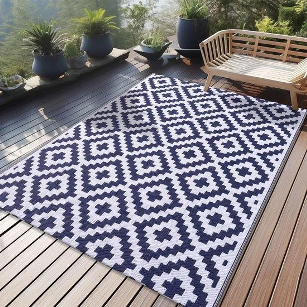 Tapis extérieur pliable et réversible bleu marine pour jardin 120 x 180