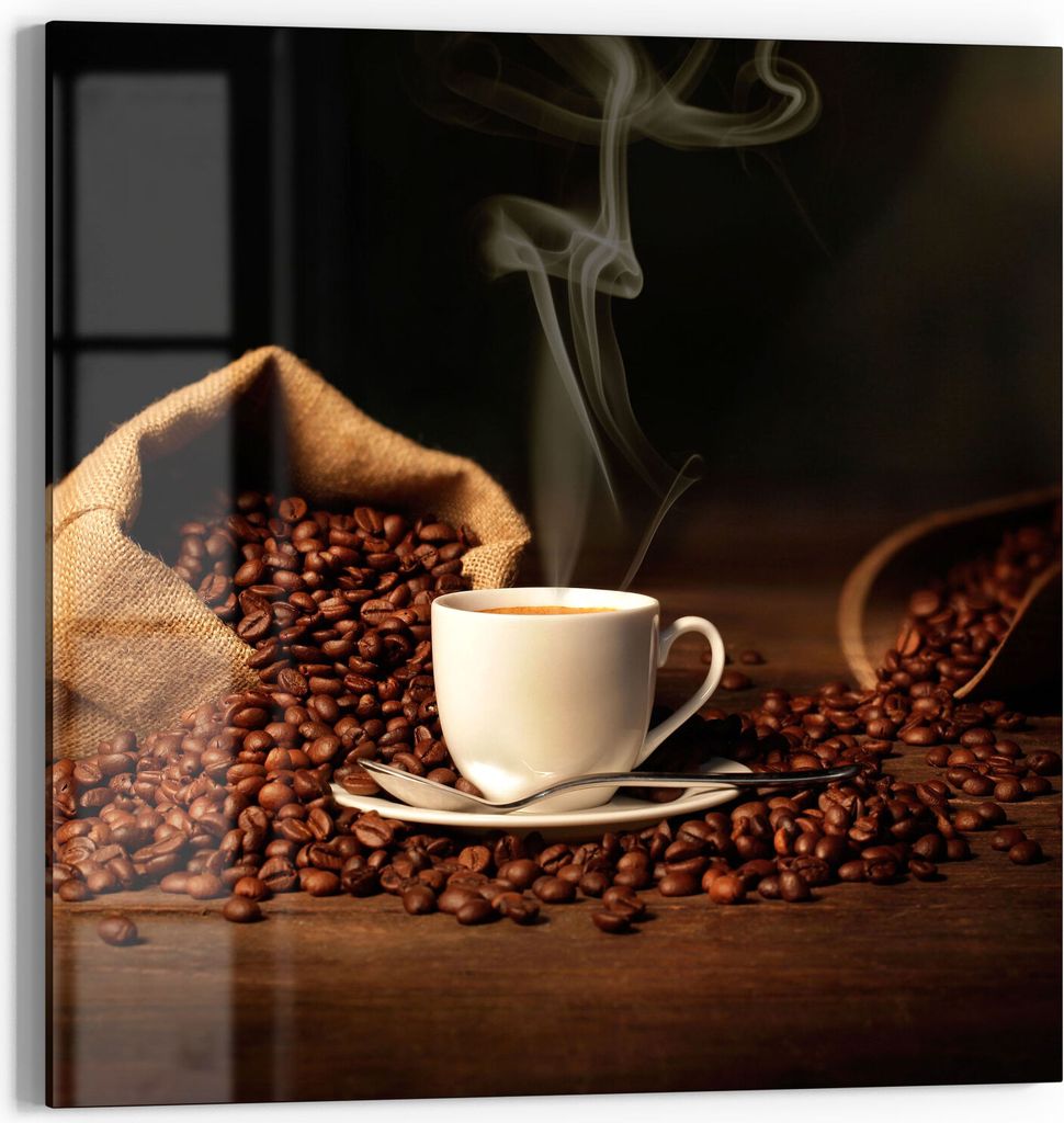 DEQORI Glasbild Echtglas 30x30 cm 'Kaffeetasse mit Bohnen' Wandbild Bild modern Deko