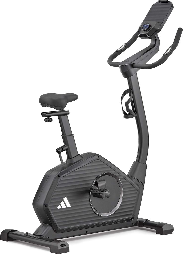 A black Adidas exercise bike is shown against a white background.