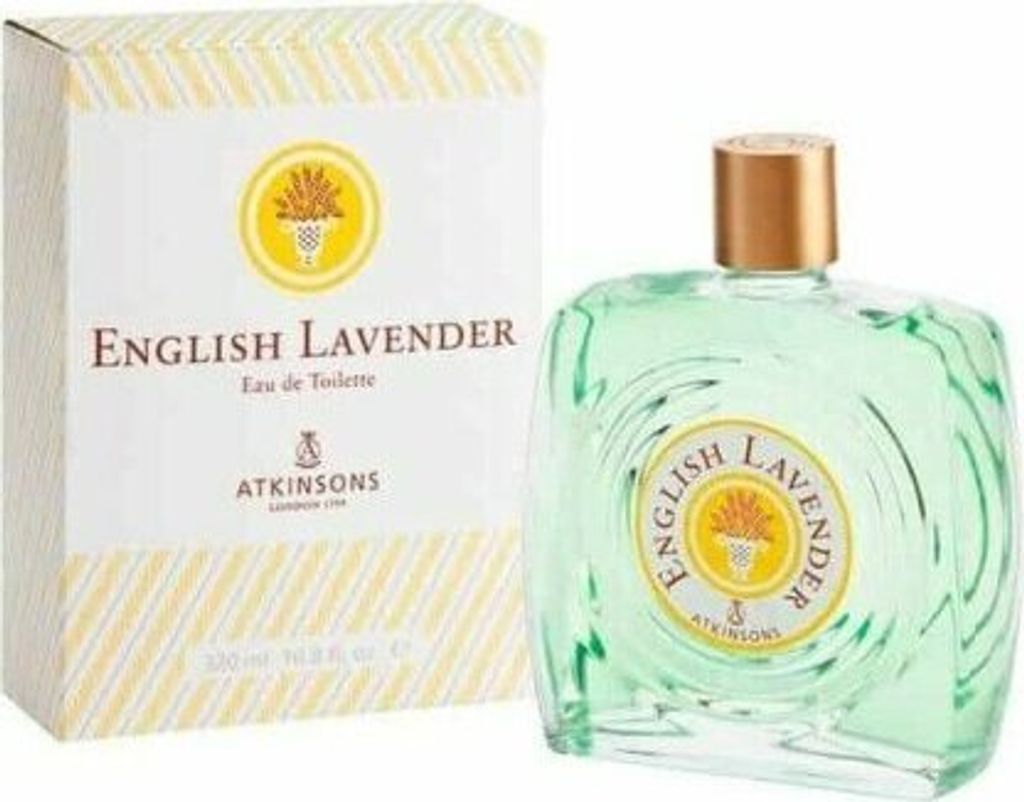 A product shot of Atkinsons English Lavender Eau de Toilette and its packaging.