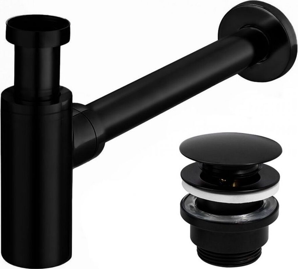 A black sink siphon and drain assembly on a white background.