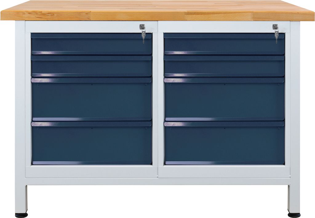 Werkbank Rhino mit 8 Schubladen | HxBxT 84x120x60cm | Traglast 300kg | Lichtgrau/Anthrazitgrau