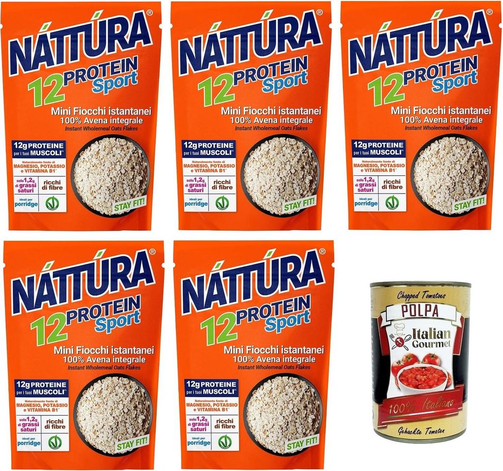 5x Náttúra Protein Sport,Mini-Instant-Haferflocken, 100% Vollkornhafer, ideal für die Zubereitung von Instant-Porridge,350g + Italian Gourmet Po...